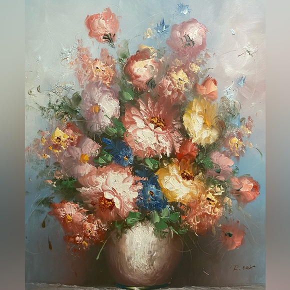 Robert Cox Still Life Oil 16x20 Canvas Painting Pink Purple Floral Framed 18x22 - Picture 8 of 8